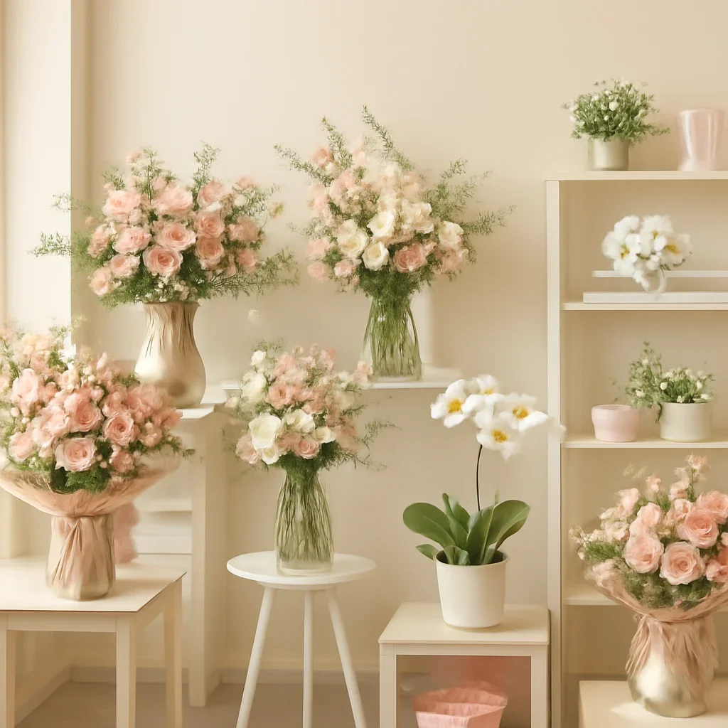 Selection of bouquets, arrangements, plants, and gifts displayed in a bright floral studio