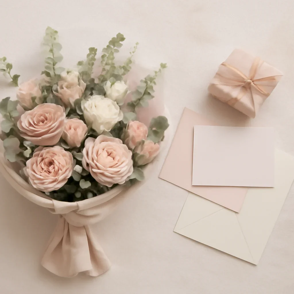 Stylish floral gift presentation with bouquet and curated add-ons