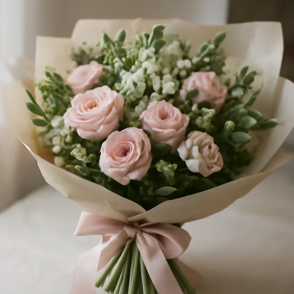 Floral arrangement prepared for local flower delivery with ribbon and protective wrapping